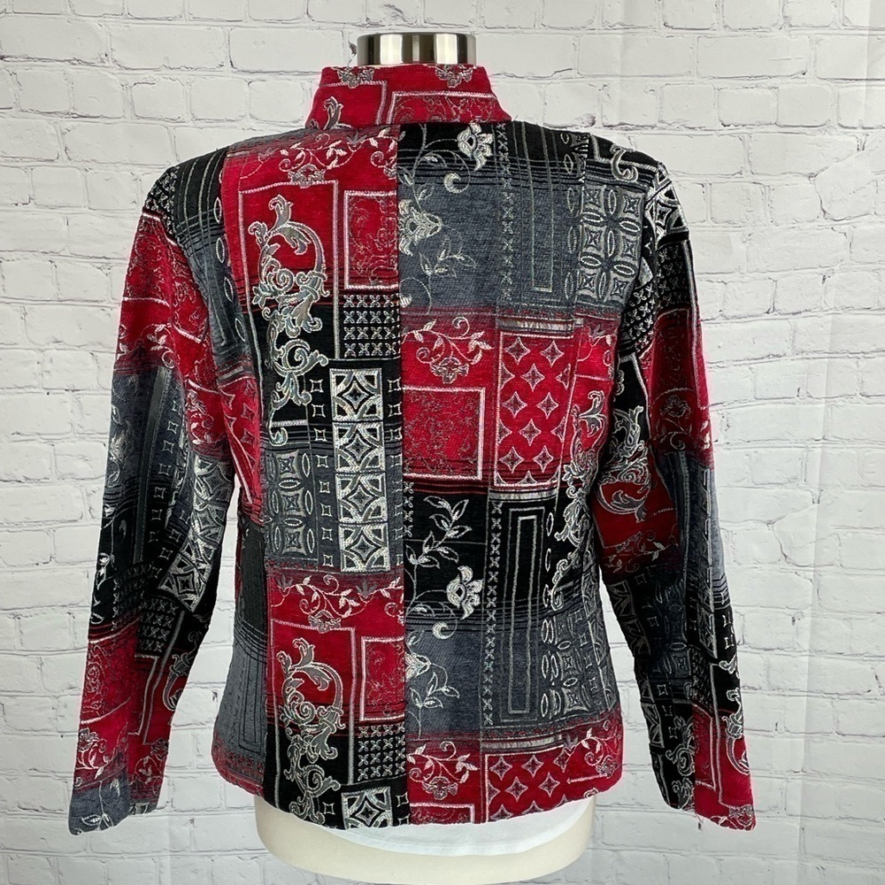 Christopher & Banks Zip Tapestry Blazer Red/Gray/Black Mandarin Collar Large - Picture 3 of 10